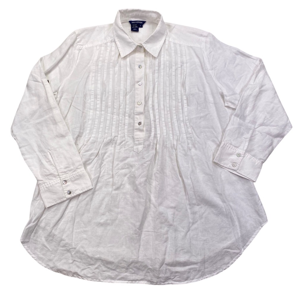 Max Edition Pintuck Tunic Women Large White Linen Blend Long Sleeve Button Shirt